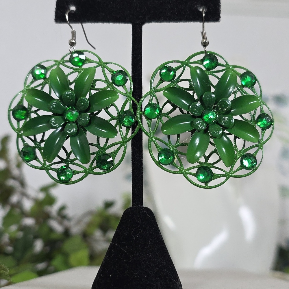 Vintage-Style Metal Green Enamel Floral Statement Earrings